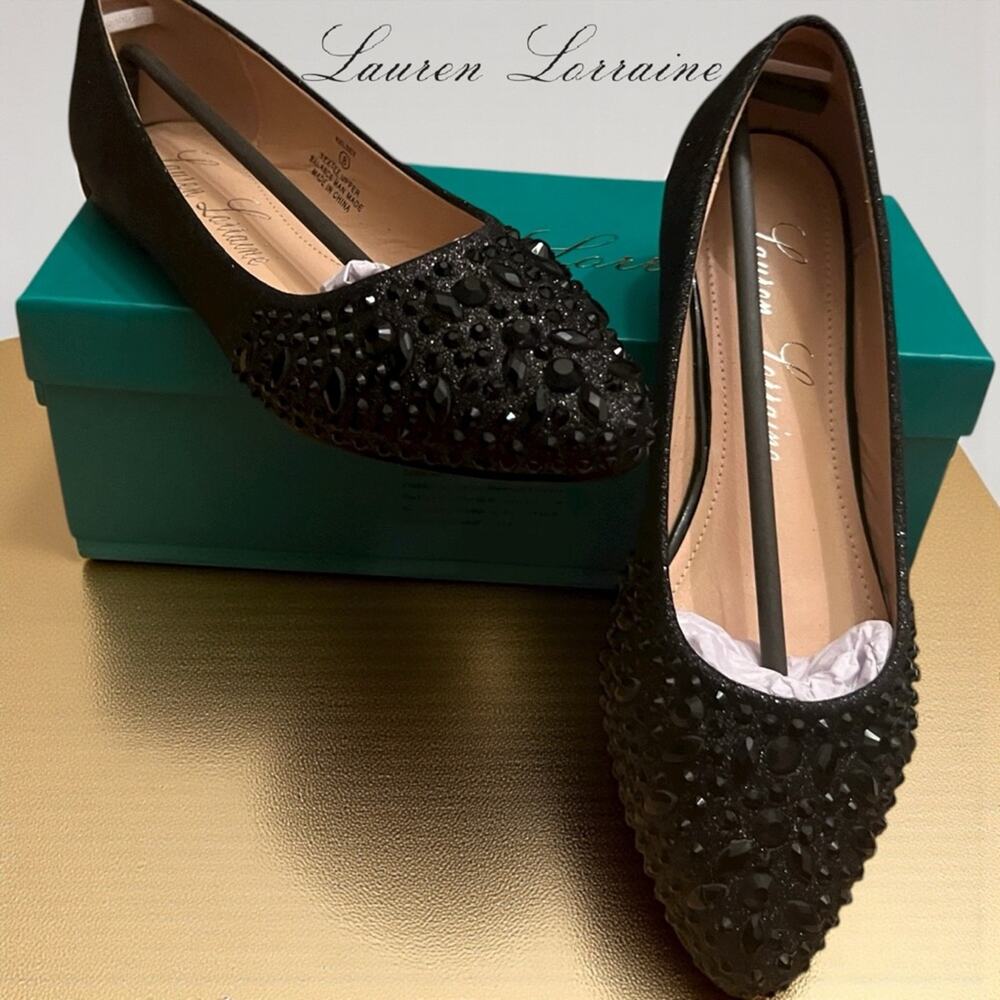Lauren Lorraine Size 8 Kelsey Black Sparkling Rhinestone Ballet Flats NWT